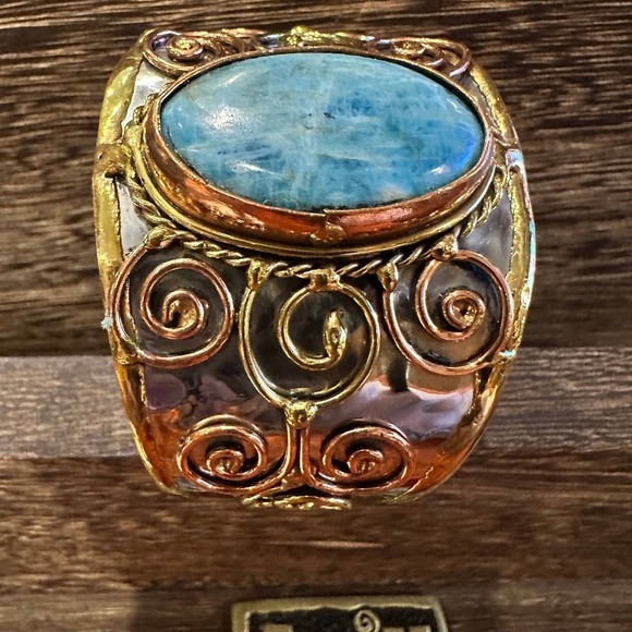 Artisan-Made 2-inch Wide Cuff Bracelet with Apatite Stone and Mixed Metals, Adj - Picture 12 of 12